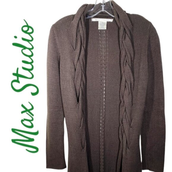 NWOT MAX STUDIO Open Cardigan Sweater Duster Chocolate Brown Shawl Collar, XS - Picture 4 of 10